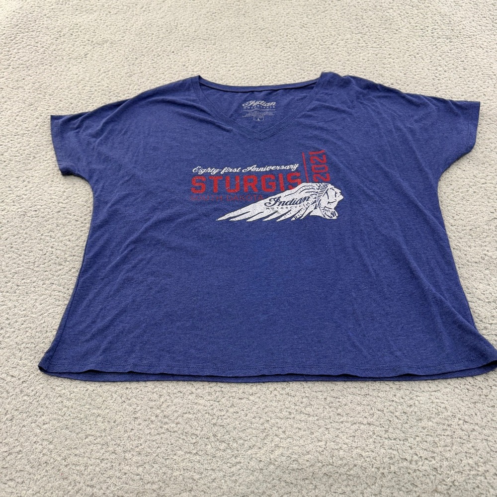 Indian Motorcycle V-Neck Graphic Tee Womens L Sturgis 2021 81st Anniversary Blue